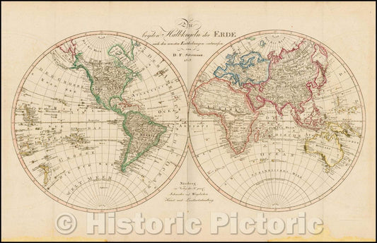 Historic Map - Die beyden Habkugeln der Erde, 1818, Daniel Friedrich Sotzmann - Vintage Wall Art