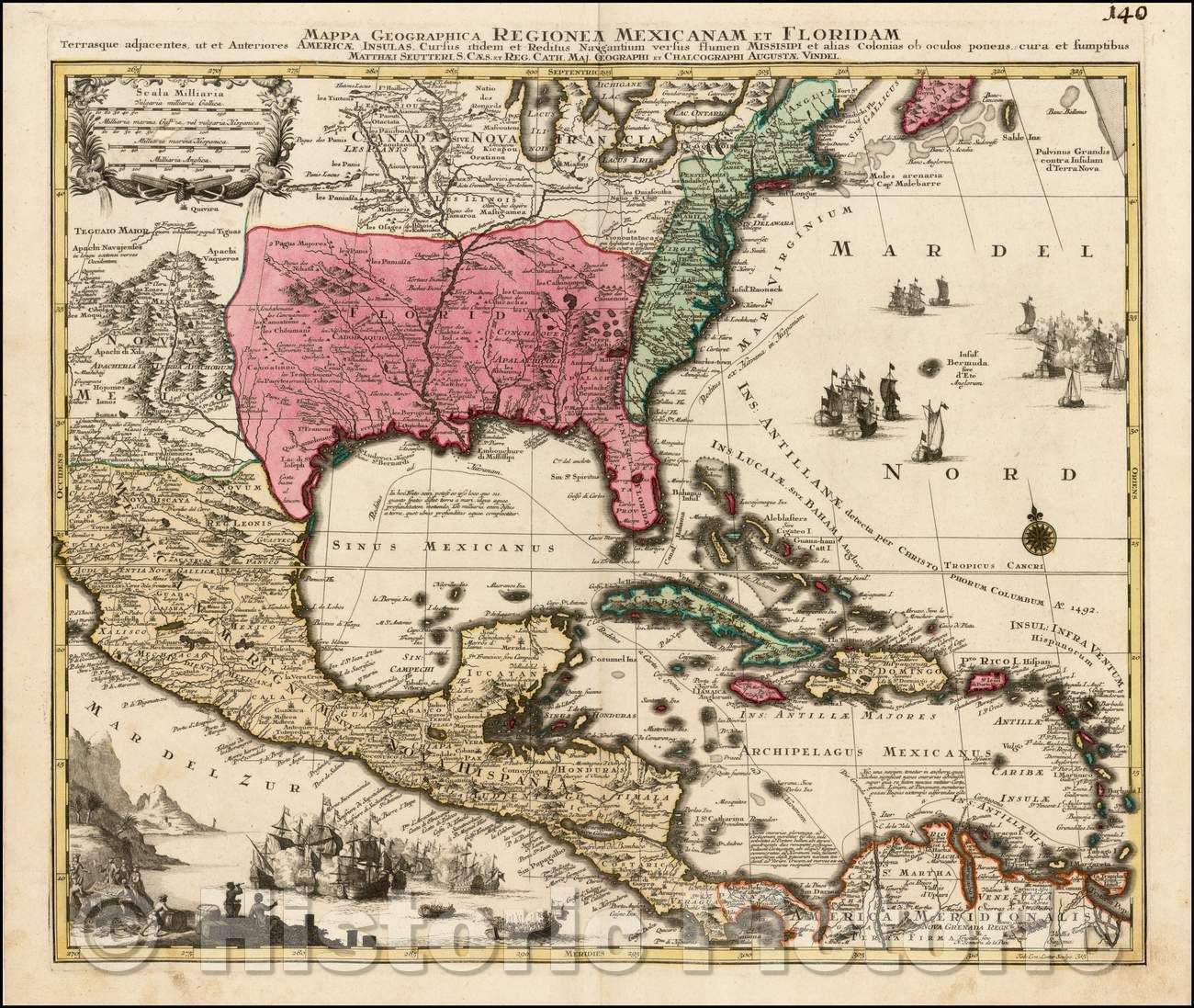 Historic Map - Regionem Mexicanam Et Floridam Terrasque adjacentes, ut et Anteriores Americae Insulas, Cursus itidem et Reitus Navigantium versus, 1730 v2