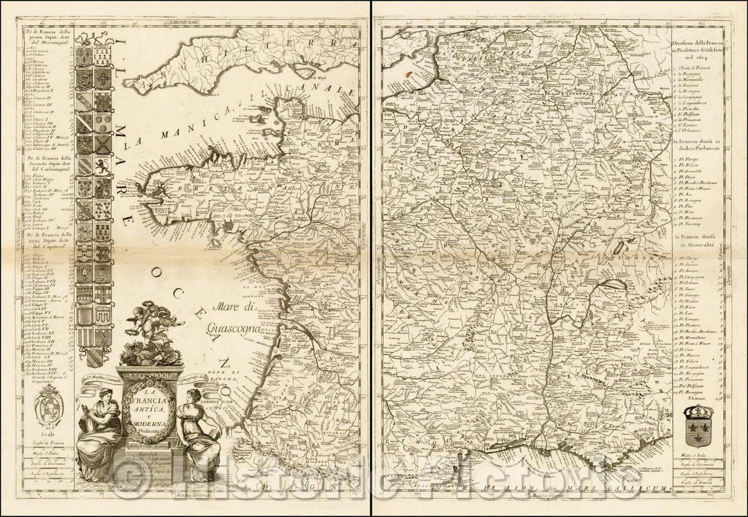 Historic Map - La Francia Antica e Moderna/Coronelli's two sheet Map of France, 1690, Vincenzo Maria Coronelli - Vintage Wall Art