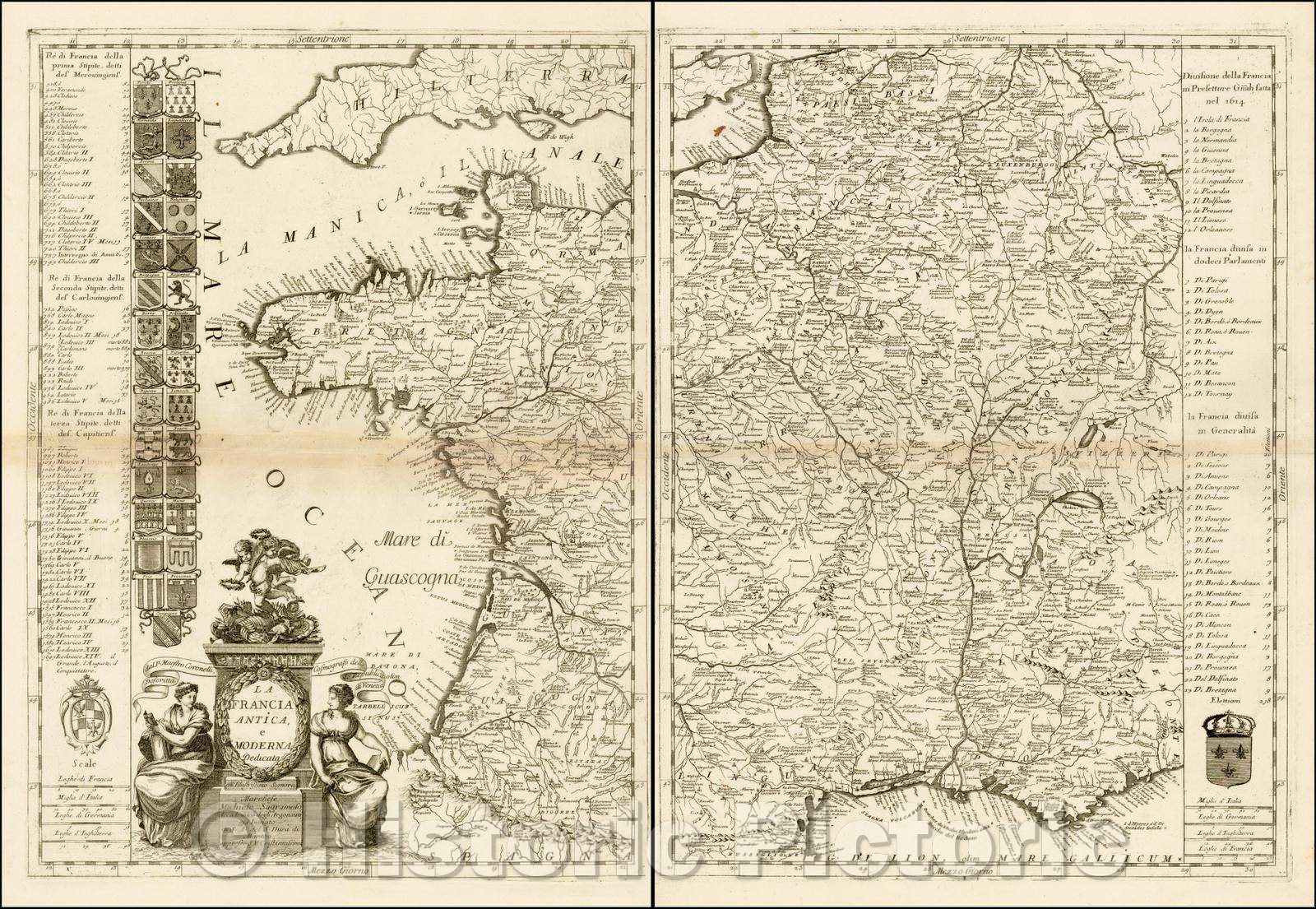 Historic Map - La Francia Antica e Moderna/Coronelli's two sheet Map of France, 1690, Vincenzo Maria Coronelli - Vintage Wall Art