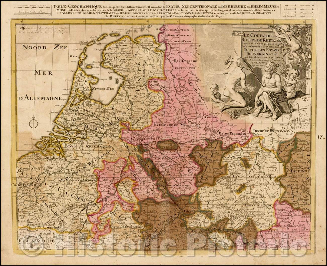 Historic Map - Le Cours de la Riviere Rhein depuis sa Source jusques a son Emboucheure/Map on Rhine River, extending from Switzerland to the North Sea, 1700 - Vintage Wall Art