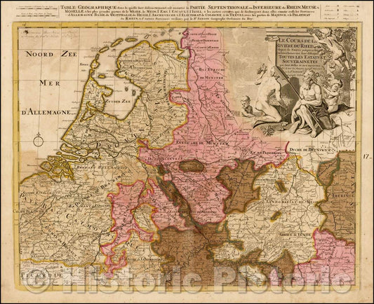 Historic Map - Le Cours de la Riviere Rhein depuis sa Source jusques a son Emboucheure/Map on Rhine River, extending from Switzerland to the North Sea, 1700 - Vintage Wall Art