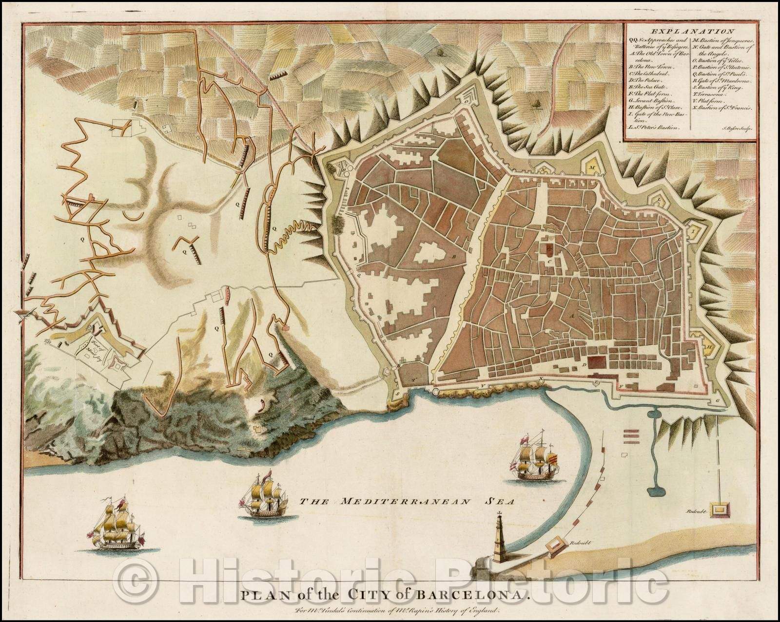 Historic Map - Plan of the City of Barcelona, 1740, Paul de Rapin de Thoyras v2