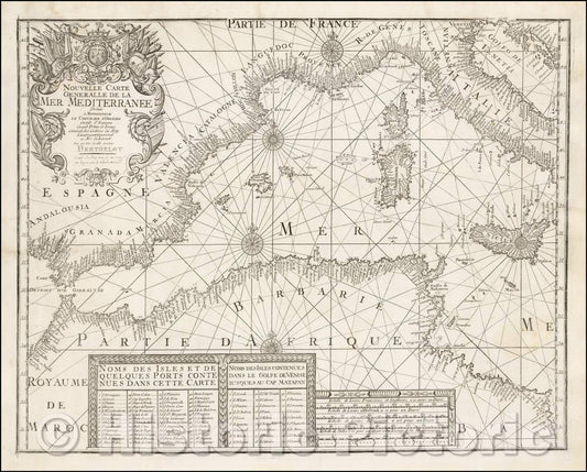Historic Map - Nouvelle Carte Generale de la Mer Mediterranee, 1693, Francois Berthelot - Vintage Wall Art