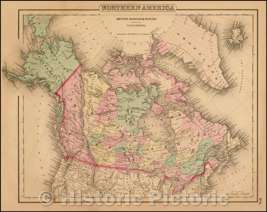 Historic Map - Northern America. British, Russian & Danish Possessions in North America, 1857, Joseph Hutchins Colton - Vintage Wall Art