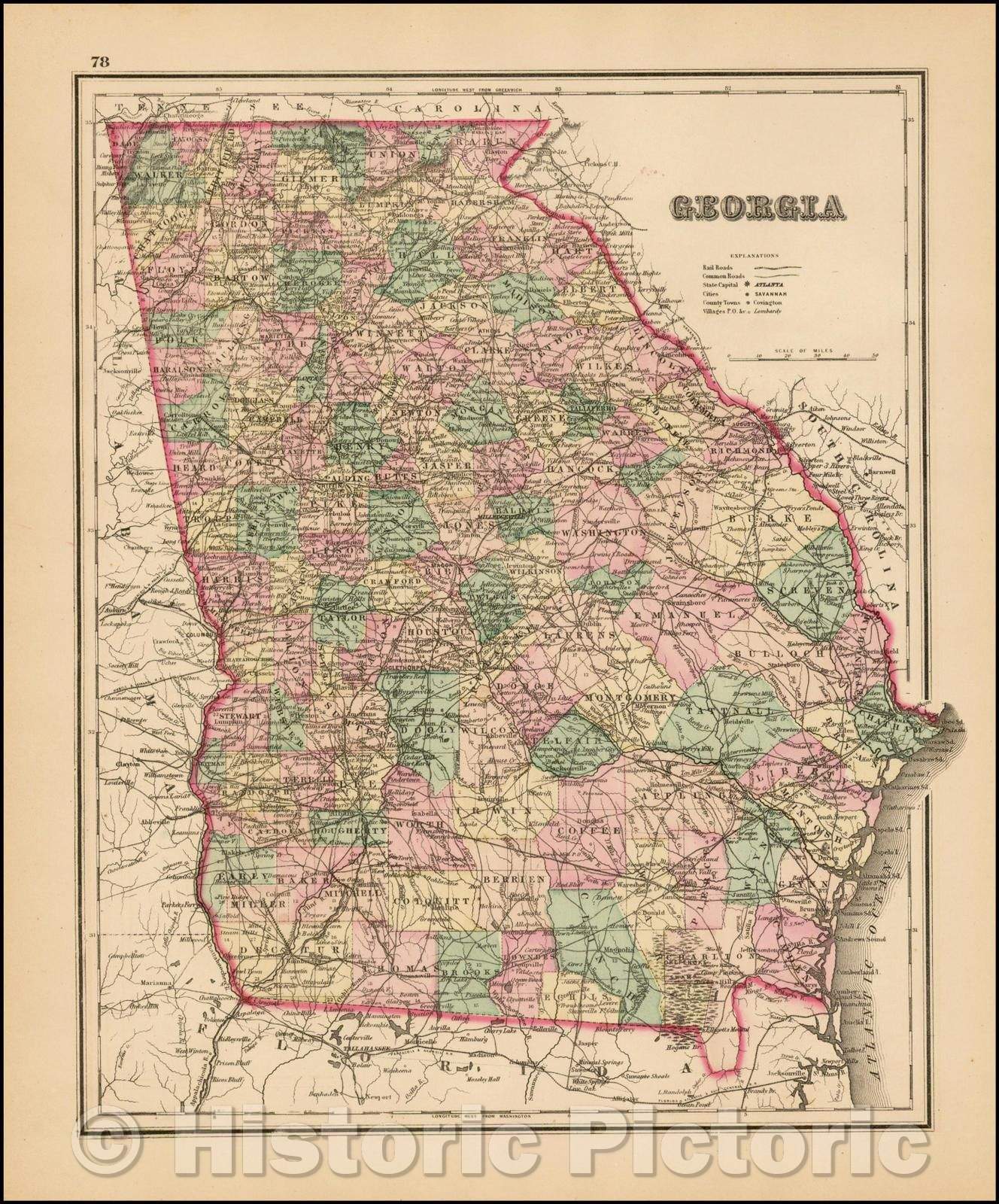 Historic Map - Georgia, 1873, Frank A. Gray - Vintage Wall Art
