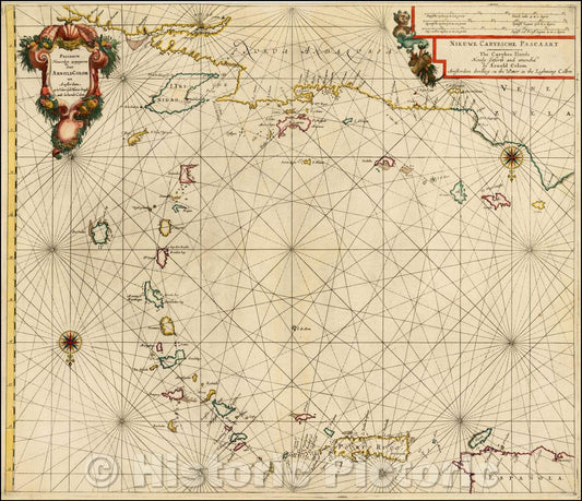 Historic Map - Niewe Carybsche Pascaart - The Carybes Ilands Newly setforth and amendid, 1656, Arnold Colom - Vintage Wall Art