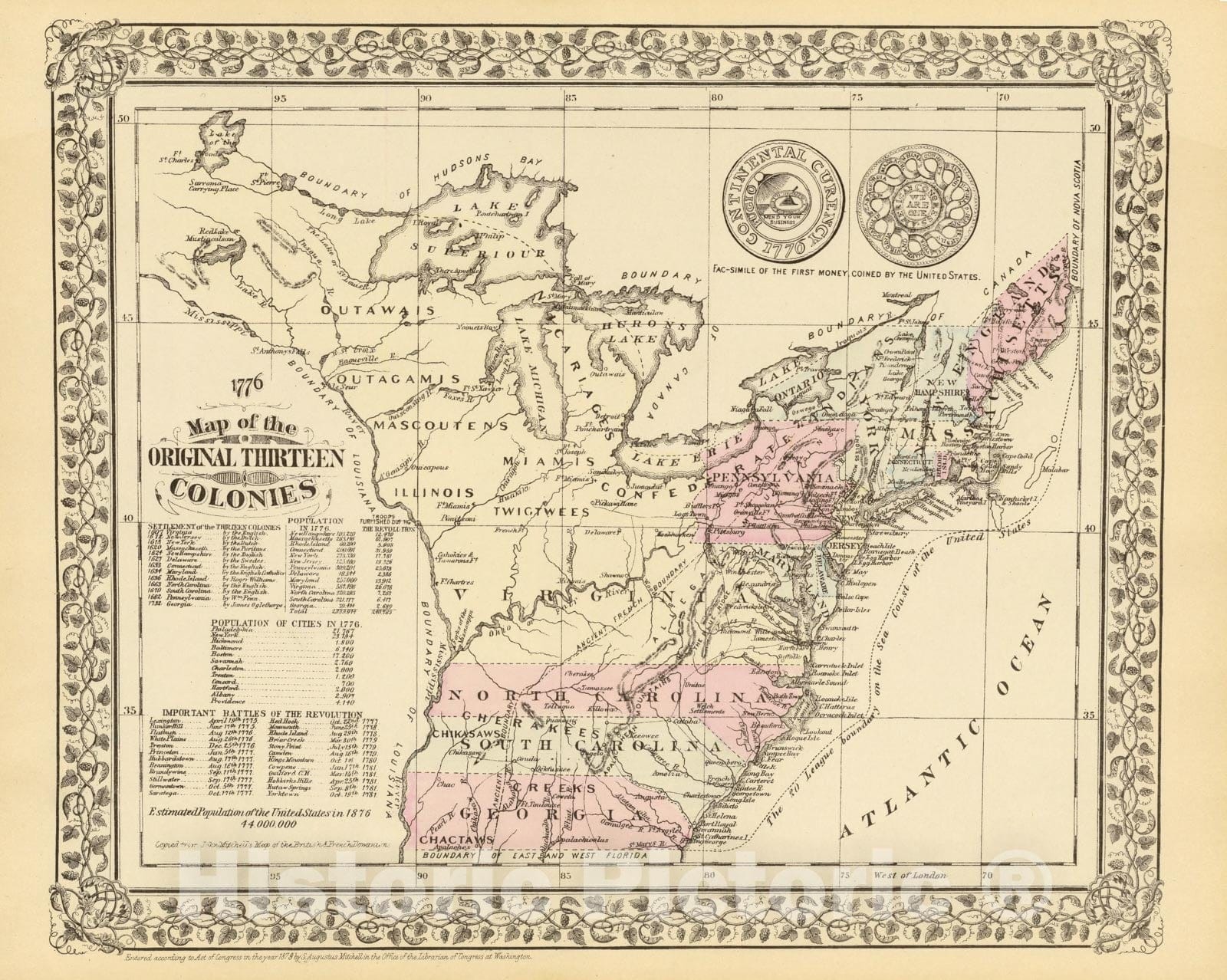 Historic Map - Map of the Original Thirteen Colonies, 1879, Samuel Augustus Mitchell Jr. v1