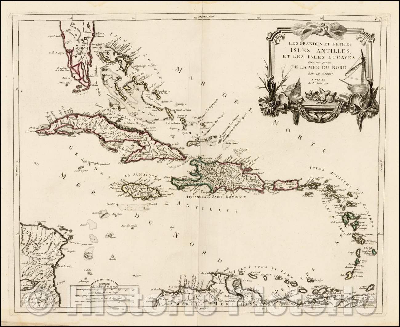 Historic Map - Les Grandes Et Petites Antilles, Et Les Isles Lucayes avec ue partie De La Mer Du Nord, 1779, Paolo Santini - Vintage Wall Art