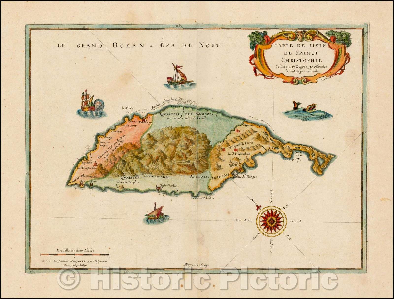 Historic Map - Carte De L'Isle De Sainct Christophle Scituee a 17 Degrez 30 Minutes de La :: Card Isle Of Sainct Christophle, 1650 - Vintage Wall Art