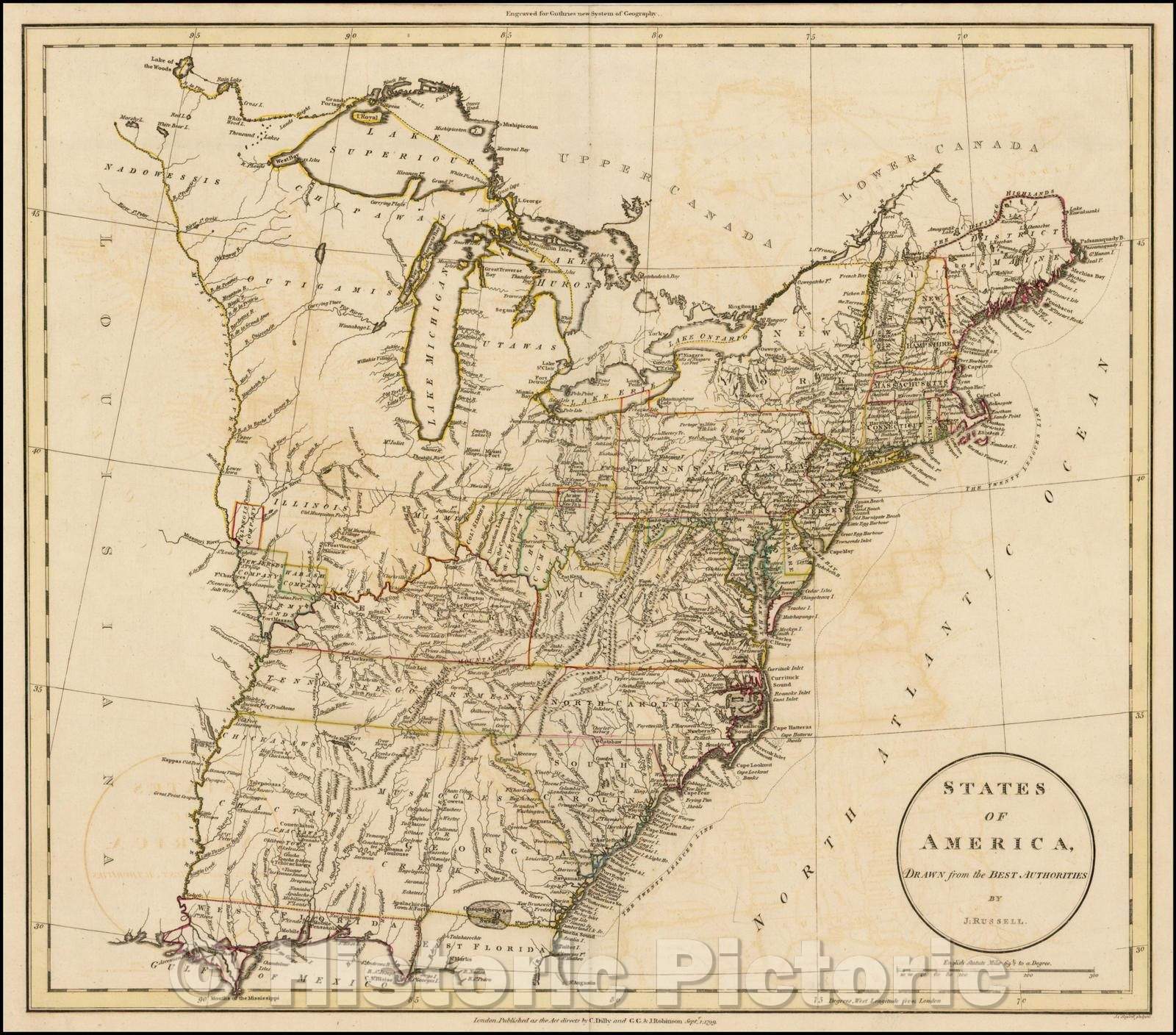 Historic Map - States of America, 1799, John Russell - Vintage Wall Art