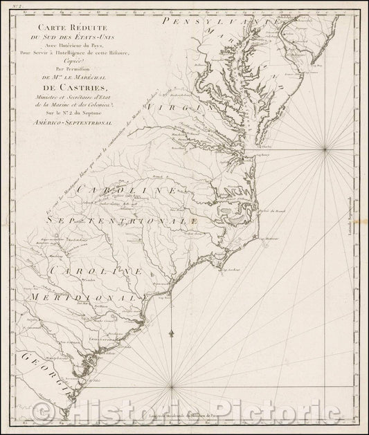 Historic Map - Carte Reduite Du Sud Des Etats-Unis Avec I'Interieur du Pays :: Revolutionary War period of the Southeastern United States, from Le Boucher's, 1787 - Vintage Wall Art