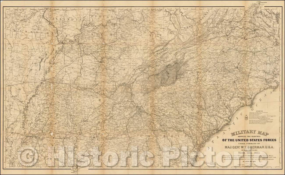 Historic Map - Military Map Showing the Marches of the United States Forces Under Command of Maj. Genl. W.T. Sherman, 1865, Ferdinand Mayer & Co. - Vintage Wall Art