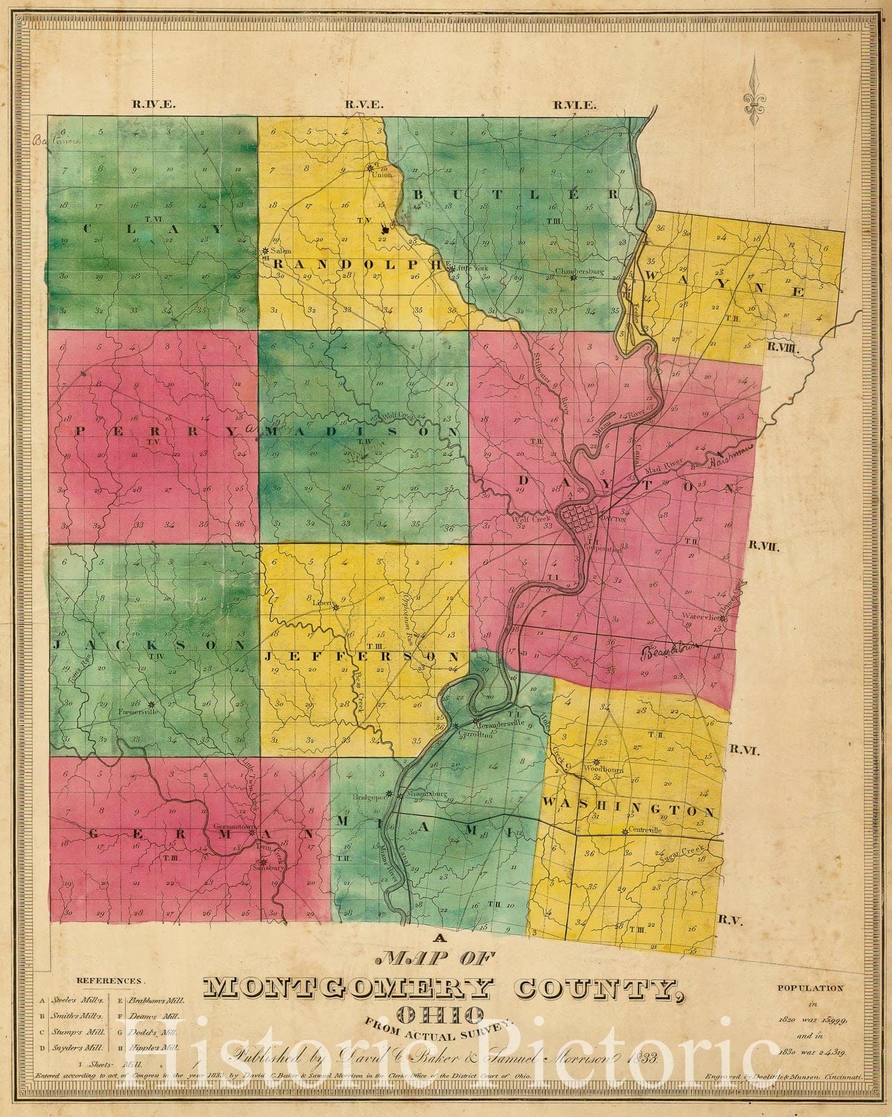 Historic Map - A Map of Montgomery County, Ohio From Actual Survey, 1833, Samuel Bishop Munson - Vintage Wall Art