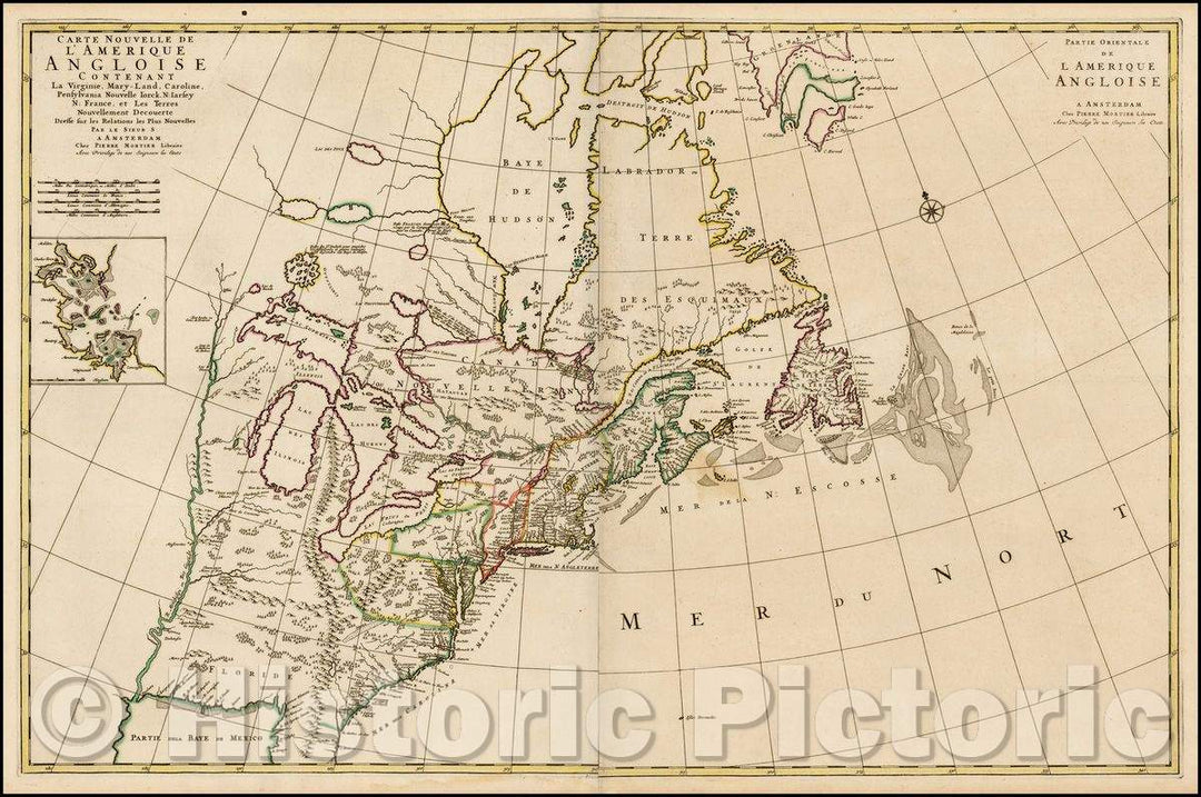 Historic Map - Carte Nouvelle de l'Amerique Angloise Contenant la Virginie, Mary-Land, Caroline, Pensylvania, Nouvelle Iorck, N: Iarsey N: France, 1700 v2