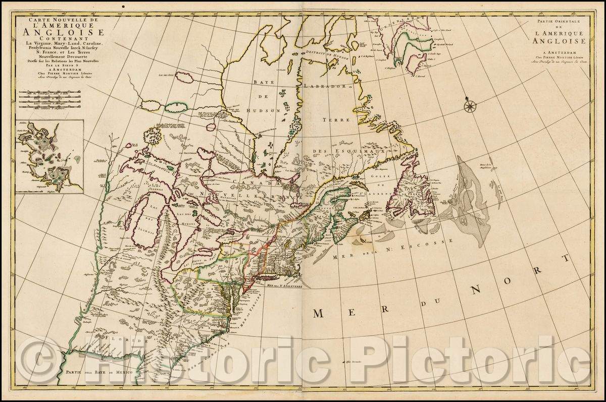 Historic Map - Carte Nouvelle de l'Amerique Angloise Contenant la Virginie, Mary-Land, Caroline, Pensylvania, Nouvelle Iorck, N: Iarsey N: France, 1700 v2