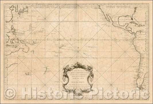 Historic Map - Carte Reduite Des Mers Comprises Entre L'Asie et L'Amerique Apelees par les Navigateurs Mer Du Sud ou Pacifique, 1756, Depot de la Marine - Vintage Wall Art