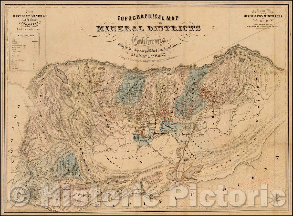 Historic Map - Topographical Map of the Mineral Districts of California: Being the First Map Ever, 1853, John B. Trask - Vintage Wall Art