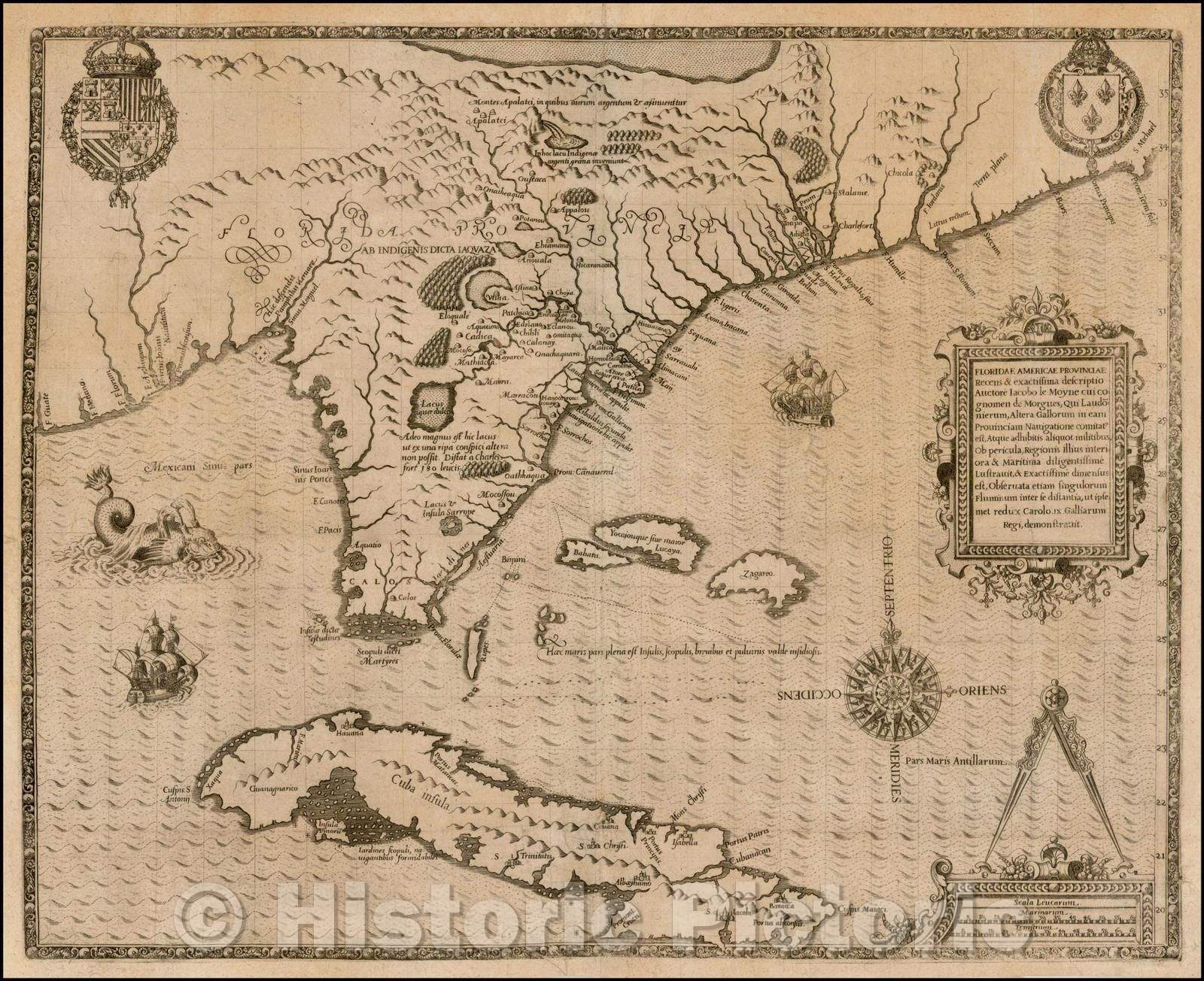 Historic Map - Floridae Americae Provinciae Recens & exactissima descriptio Auctore Iacobo le Moyne cui cognomen de Morgues, Qui Laudonnierum, 1591 v3