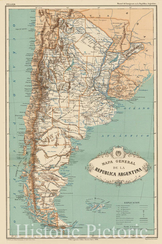General Map of the Republic of Argentina 1888 Historical Map Print