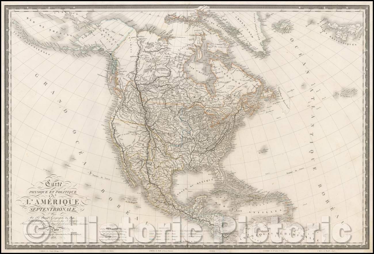 Historic Map - Carte Physique et Politique De L'Amerique Septentrionale, 1832, Adrien-Hubert Bru?- Vintage Wall Art