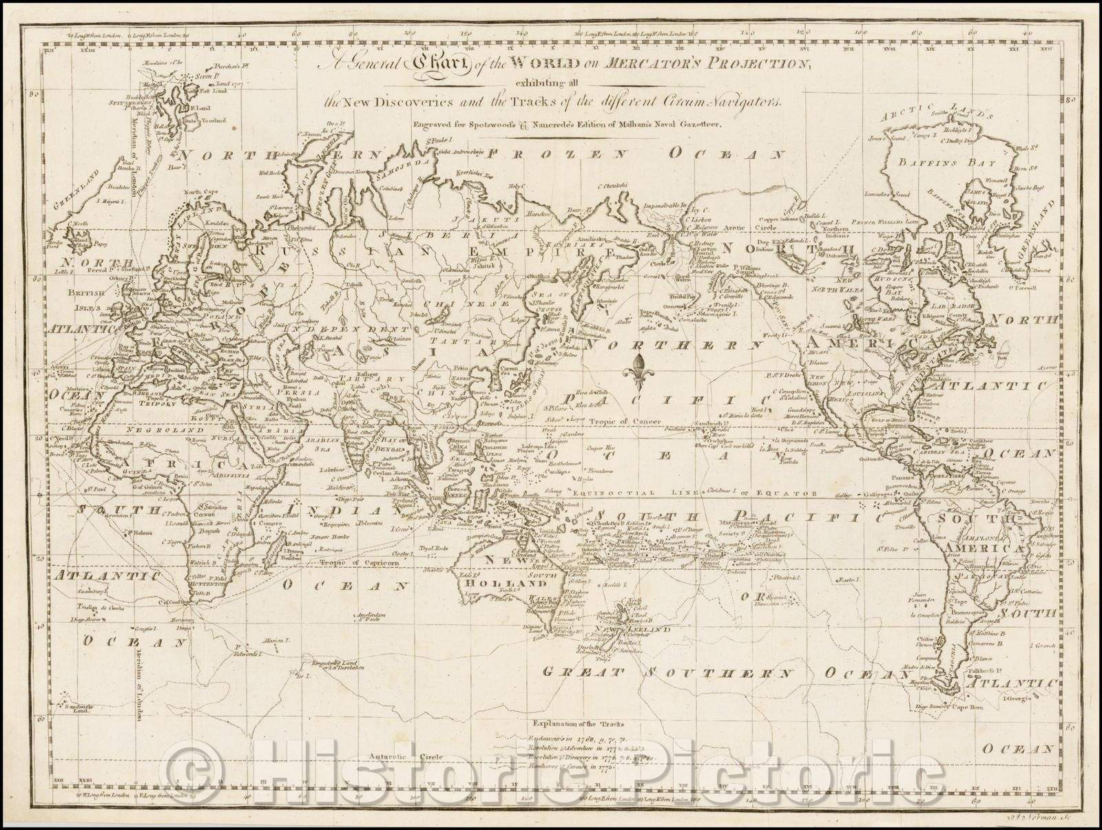 Historic Map - A General Chart of the World on Mercator's Projection, exhibiting all the New Discoveries and the Tracks of the different Circum-Navigators, 1797 - Vintage Wall Art