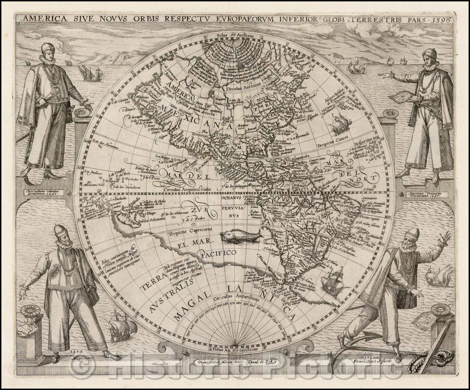 Historic Map - America Sive Novus Orbis Respectu Europaeorum Inferior Globi Terrestris Pars 1596, 1596, Theodor De Bry v5