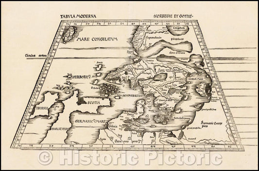Historic Map - Tabula Moderna Norbegie et Gottie, 1520, Martin Waldseem?ller - Vintage Wall Art