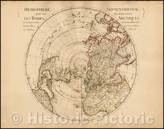 Historic Map - Hemisphere Septentrional pour voir plus distinctement Les Terres Arctiques, 1714, Guillaume De L'Isle - Vintage Wall Art