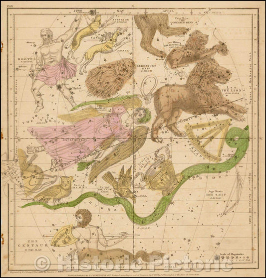 Historic Map - Constellations, April, May & June Sky - Virgo, Leo, Libra, Leo Minor, Ursa Major, Argo Navis, Centaur, Hydra, Crater, Curvus, 1835 v1