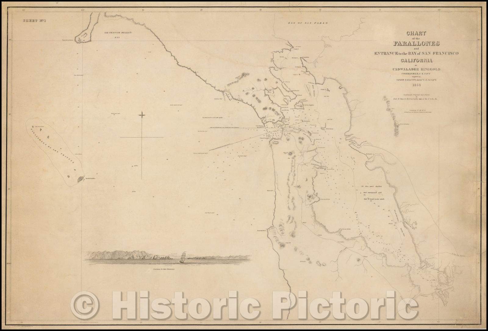 Historic Map - Chart of the Farallones and Entrance to the Bay of San Francisco. (), 1850, Cadwalader Ringgold - Vintage Wall Art