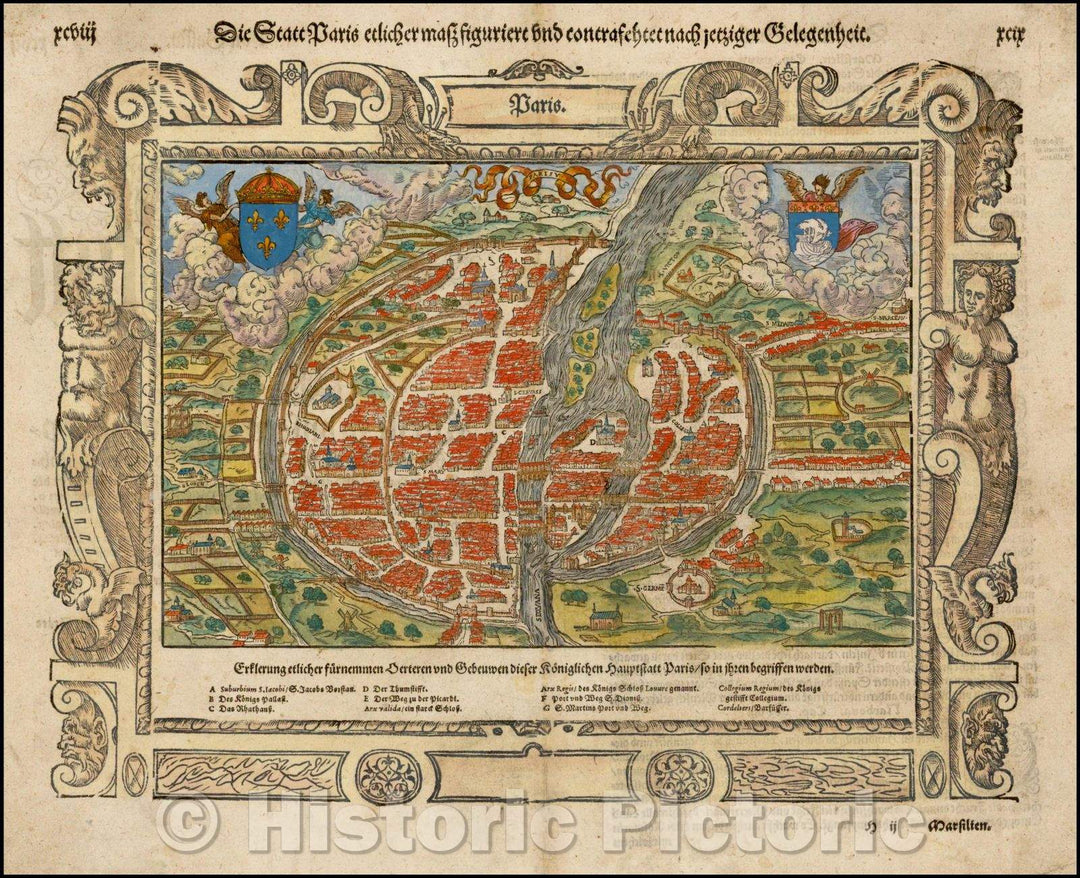 Historic Map - Paris, France, 1570, Sebastian M?nster - Vintage Wall Art