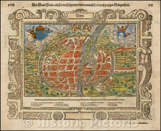 Historic Map - Paris, France, 1570, Sebastian M?nster - Vintage Wall Art