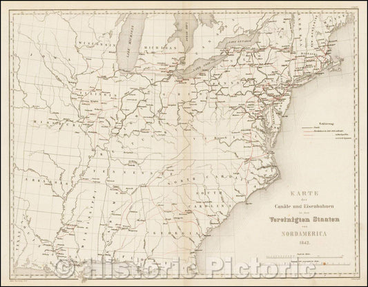 Historic Map - Karte der Canale und Eisenbahnen in den Vereinigten Staaten/Map of the United States, Canals and Train Routes in the United States, 1842 - Vintage Wall Art