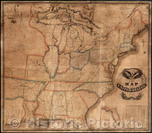 Historic Map - Lay's Map of the United States, 1827, Amos Lay - Vintage Wall Art