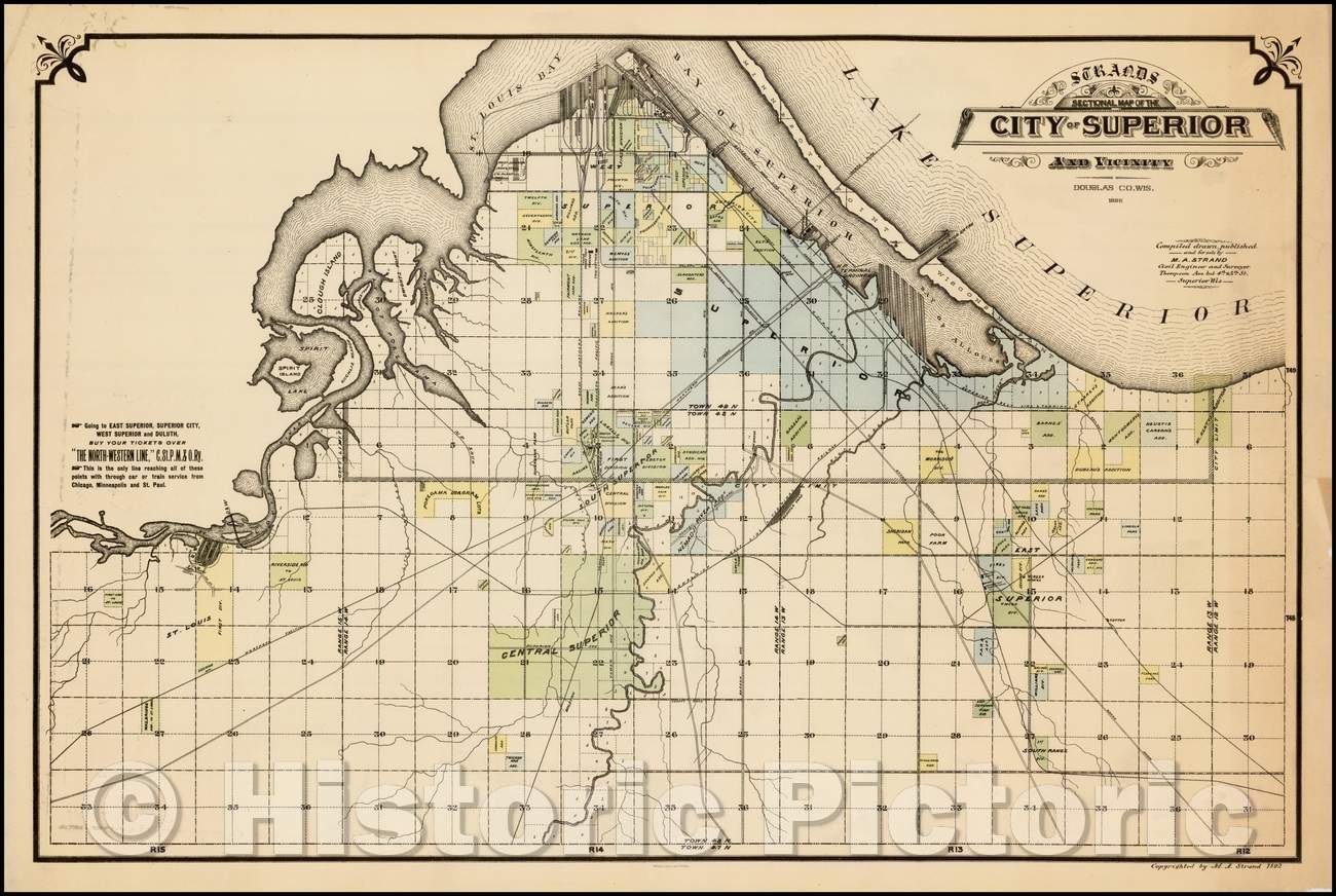 Historic Map - Strand's Sectional Map of the City of Superior And Vicinity. Douglas Co. Wis, 1892, M A Strand - Vintage Wall Art