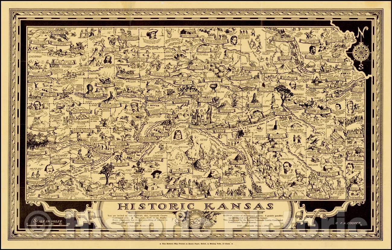 Historic Map - Historic Kansas, 1941, Frank A. Cooper - Vintage Wall Art