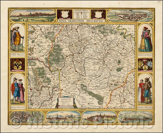 Historic Map - Nova Franconiae Descriptio/Second state of Jansson's Map of Nova Franconia, engraved by Abraham Goos and first published in 1626, 1632 - Vintage Wall Art