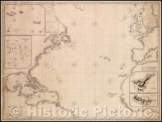 Historic Map - Chart of the North Atlantic Ocean, from the Most Recent Surveys. 1852. Additions To 1855, 1855, E & GW Blunt - Vintage Wall Art