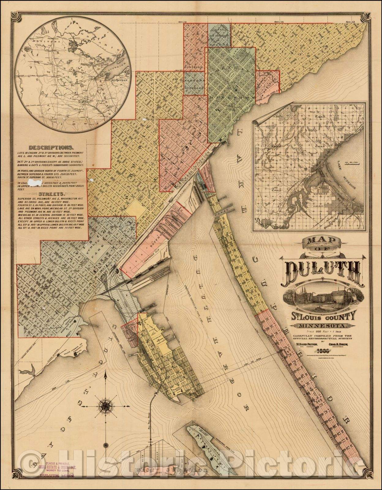 Historic Map - Map of Duluth St. Louis County Minnesota Carefully, 1886, H.M. Smyth - Vintage Wall Art