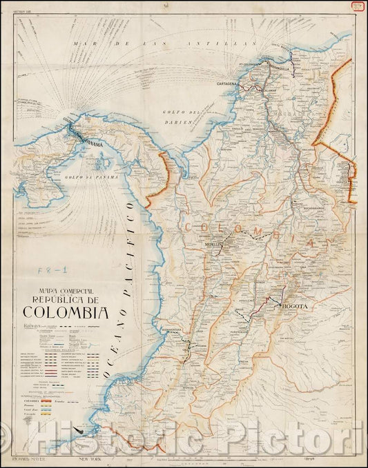 Historic Map - Mapa Comercial de la Republica De Colombia/Map of Colombia, published by Richard Mayer in New York, 1919, Richard Mayer - Vintage Wall Art