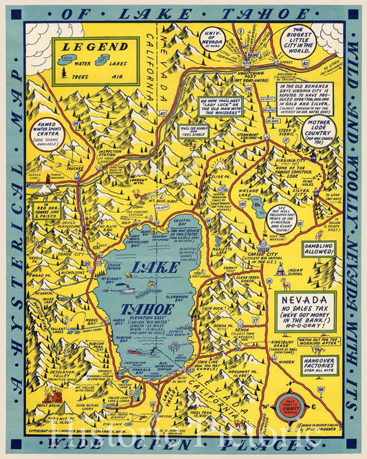 Lake Tahoe - Pictorial Comic Map, 1947 | Historical Map Print