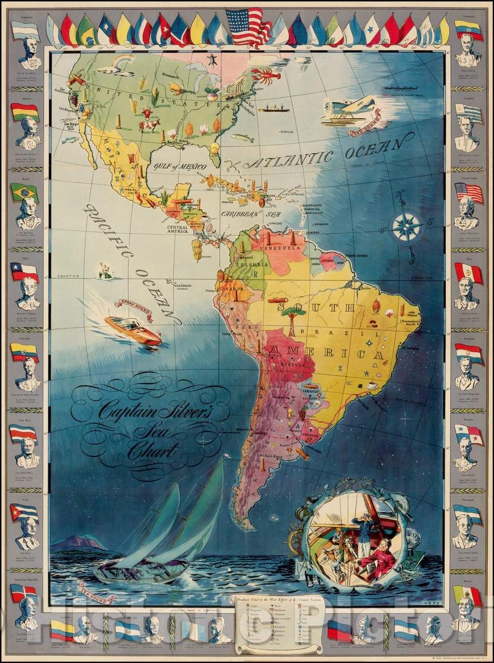 Historic Map - Captain Silver's Sea Chart, 1942, Neff - Vintage Wall Art