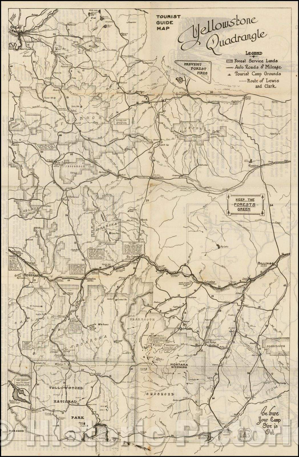 Historic Map - Tourist Guide Map Yellowstone Quadrangle, 1930, United States Forest Service - Vintage Wall Art