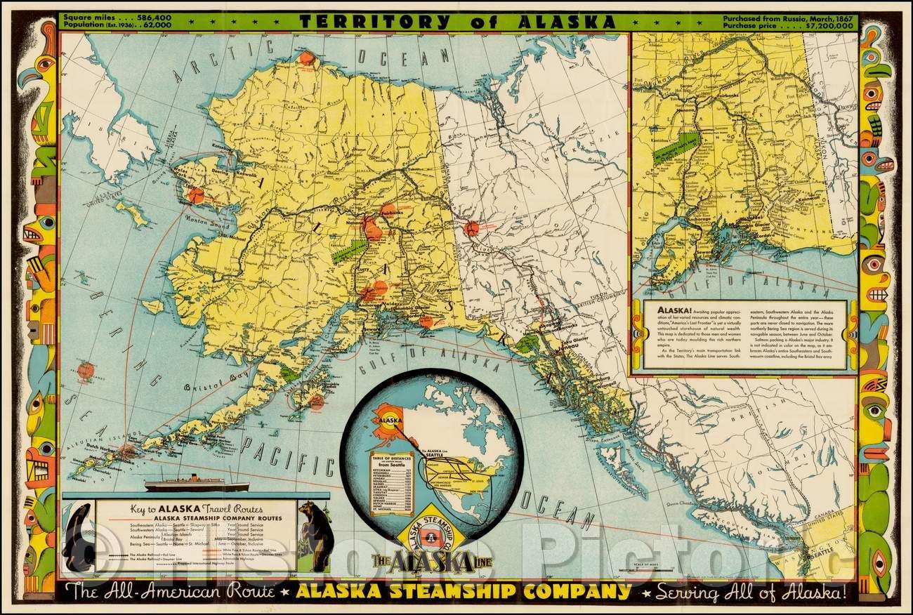 Historic Map - Territory of Alaska. Alaska Steamship Co. The Alaska Line, 1936, Frank McCaffrey - Vintage Wall Art