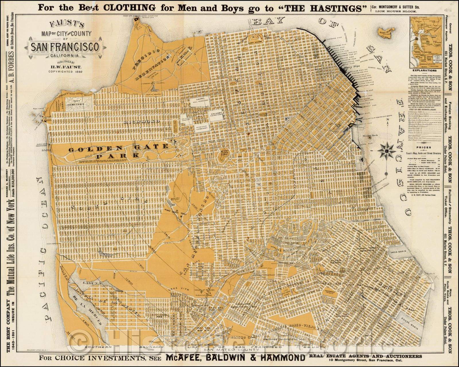 Historic Map - Faust's Map of the City and County of San Francisco California, 1892, H.W. Faust - Vintage Wall Art