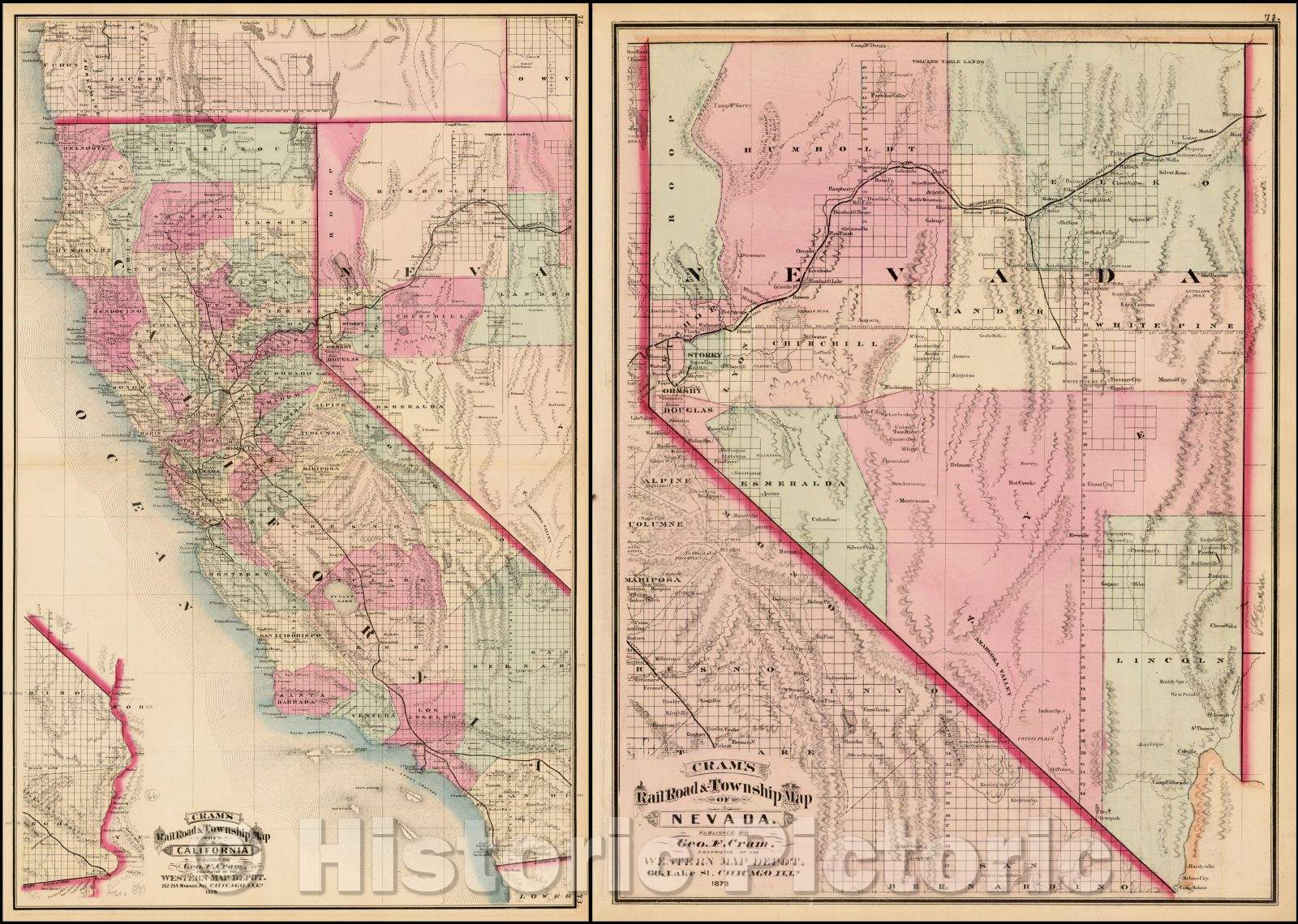 Historic Map - Cram's New County and Railroad Map of California. Showing Latest Government Surveys &c, 1879, George F. Cram - Vintage Wall Art