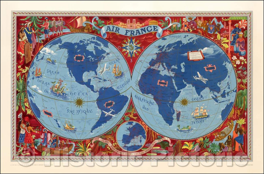 Historic Map - World Air France - Sur Les Ailes D'Air France Decouvrez Le Monde A Votre Tour, 1952, Lucien Boucher v1