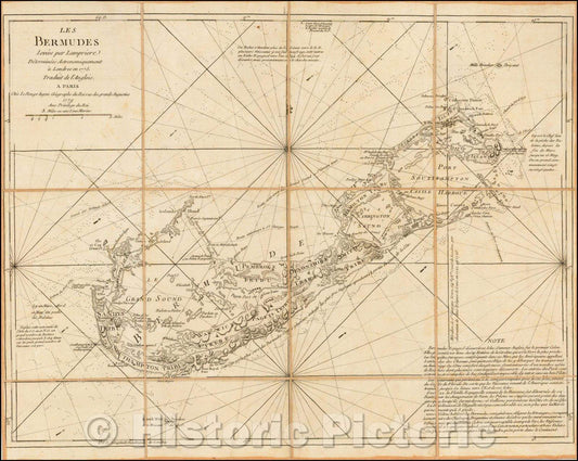 Historic Map - Les Bermudes Levees par Lampriere Determinees Astronomiquement :: French of Bermuda, 1779 - Vintage Wall Art