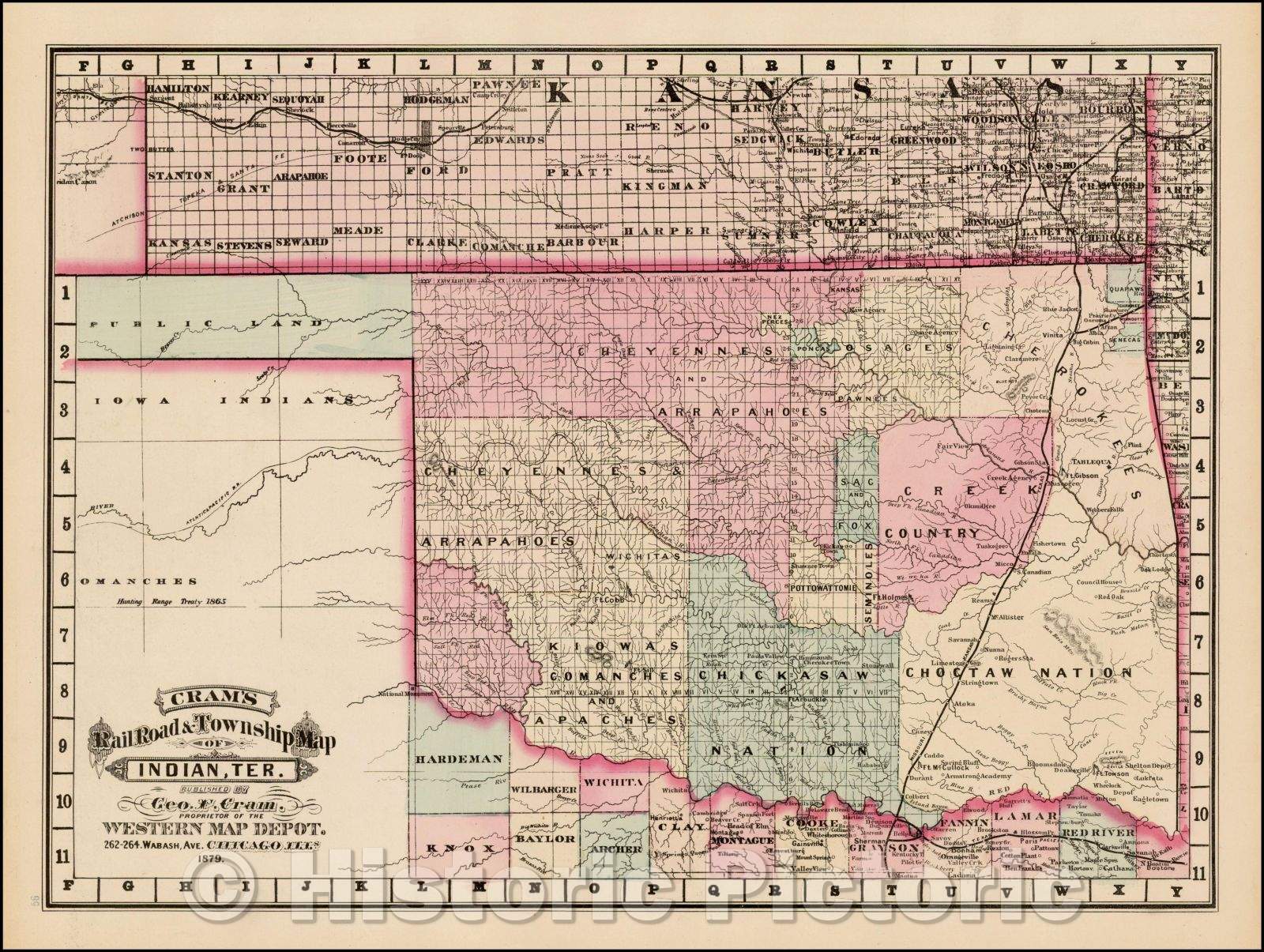 Historic Map - Cram's Rail Road & Township Map of Indian Ter, 1879, George F. Cram - Vintage Wall Art